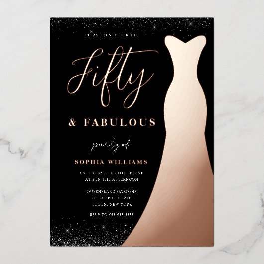 Invitation En Aluminium Robe Rose Gold Fifty & Fabulous 50e Anniversaire R (Recto)