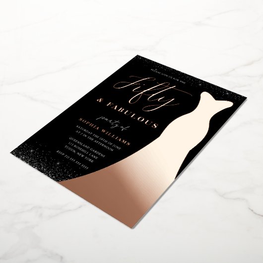 Invitation En Aluminium Robe Rose Gold Fifty & Fabulous 50e Anniversaire R (Rotation)