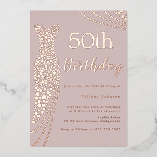 Invitation En Aluminium Robe rose Gold Foil rose élégant 50e anniversaire (Recto)
