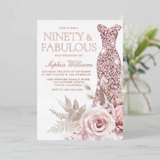 Invitation En Aluminium Robe rose Gold, Robe rose pâle 90e anniversaire (Debout devant)