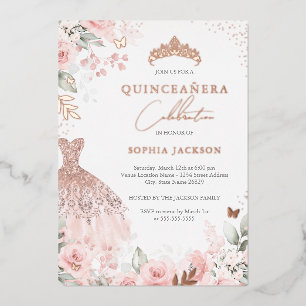 Invitation En Aluminium Robe Rose Gold Rose Fleurie Quinceanera