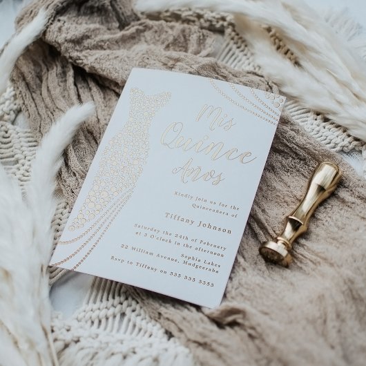 Invitation En Aluminium Robe rose or Elegant à huile Quinceanera