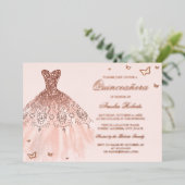 Invitation En Aluminium Robe rose OR FOIL Papillon Quinceanera (Debout devant)