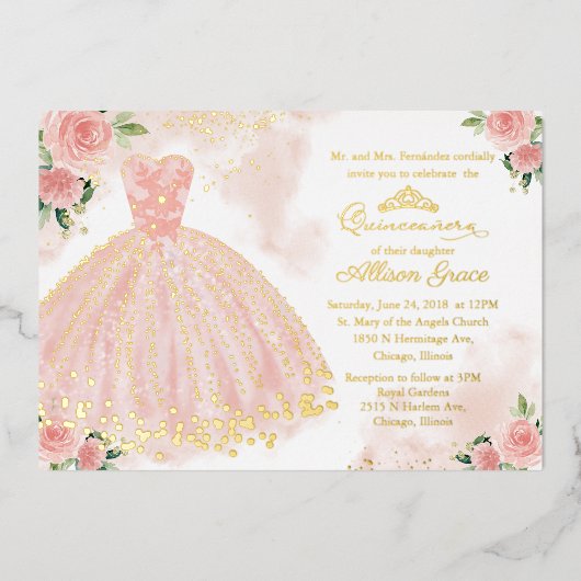 Invitation En Aluminium Robe rose or Quinceanera (Recto)
