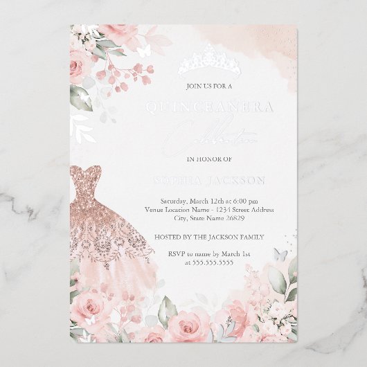 Invitation En Aluminium Robe rose pâle argentée Quinceanera (Recto)