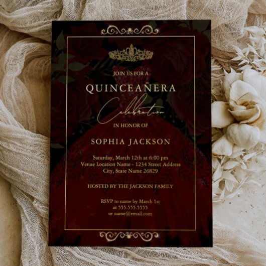 Invitation En Aluminium Robe Rose Rouge Or Quinceanera