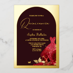Invitation En Aluminium Robe rouge bordeaux et or floral Quinceanera or