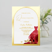 Invitation En Aluminium Robe rouge enchantée Blush Floral Quinceanera Or (Debout devant)