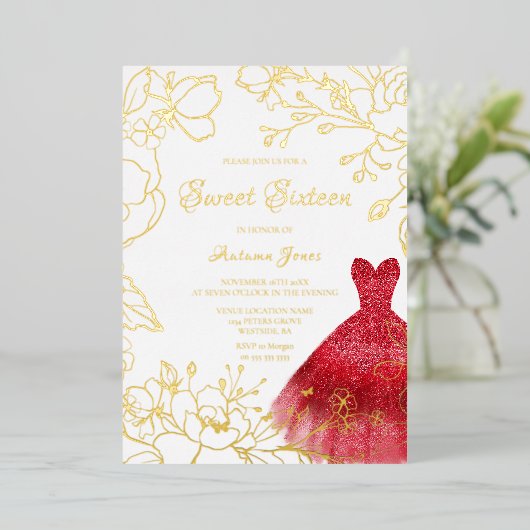 Invitation En Aluminium Robe Rouge Feuille dorée Douce 16 Partie Or (Debout devant)