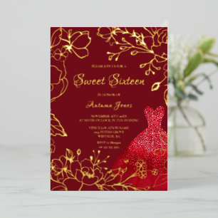 Invitation En Aluminium Robe rouge feuilles dorées élégant Sweet 16 or