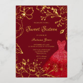 Invitation En Aluminium Robe rouge feuilles dorées élégante Sweet 16 or (Recto)