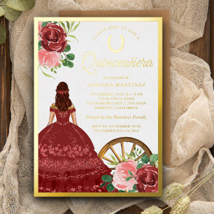 Invitation En Aluminium Robe Rouge Florale Rustique Charro Quinceanera Or