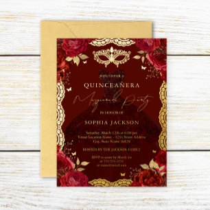 Invitation En Aluminium Robe rouge or rose pour soirée masquée Quinceanera