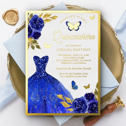 Invitation En Aluminium Robe Royal Bleue Florale Papillon Quinceanera Or
