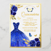 Invitation En Aluminium Robe Royal Bleue Florale Papillon Quinceanera Or (Recto)