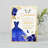 Invitation En Aluminium Robe Royal Bleue Florale Papillon Quinceanera Or (Debout devant)