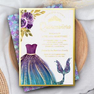 Invitation En Aluminium Robe sarcelle violette queue de sirène Quinceanera
