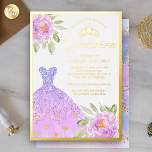 Invitation En Aluminium Robe scintillante lilas violet floral Quinceanera