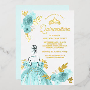 Invitation En Aluminium Robe turquoise Florale Princesse Quinceanera Or