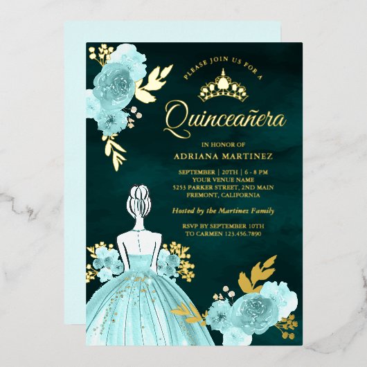 Invitation En Aluminium Robe turquoise Florale Princesse Verte Quinceanera (Recto/Verso)