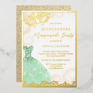 Invitation En Aluminium Robe Vert Doré Masquerade Fête Quinceanera 
