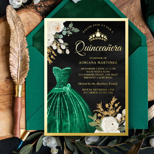 Invitation En Aluminium Robe verte émeraude Floral Quinceanera noir Or