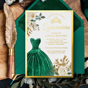 Invitation En Aluminium Robe verte émeraude florale en ivoire Quinceanera