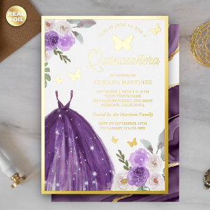 Invitation En Aluminium Robe Violette Fleur Papillon Quinceanera Or