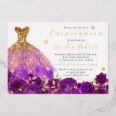 Invitation En Aluminium Robe violette Or papillon floral (Recto)