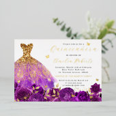 Invitation En Aluminium Robe violette Or papillon floral (Debout devant)