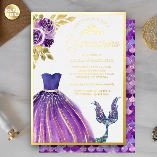 Invitation En Aluminium Robe violette Queue de sirène Quinceanera Or