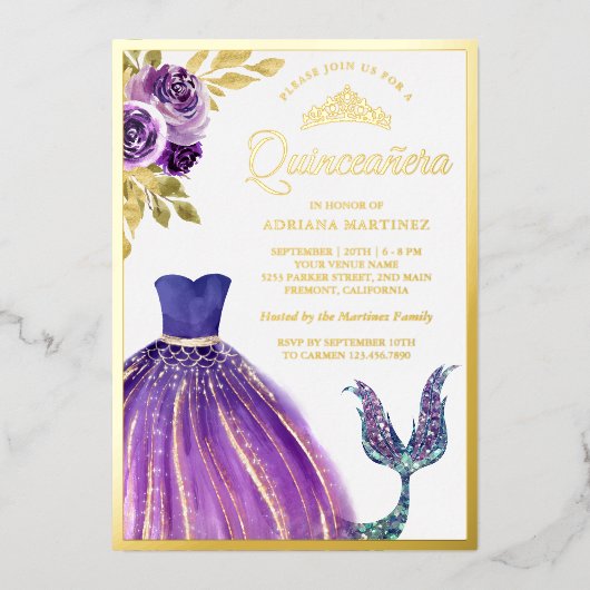 Invitation En Aluminium Robe violette Queue de sirène Quinceanera Or (Recto)