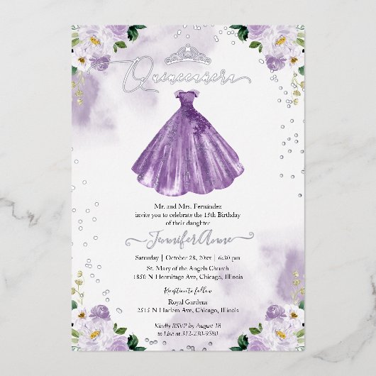 Invitation En Aluminium Robe violette Quincenera (Recto)