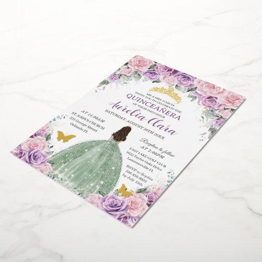 Invitation En Aluminium Robe violette rose floral vert sauge pour Quinceañ (Rotation)