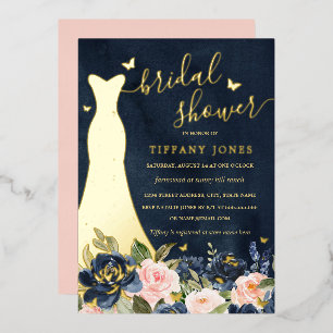 Invitation En Aluminium Robes de mariée Navy Blush Floral Gold Shower