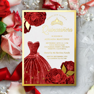 Invitation En Aluminium Robes scintillantes Roses rouges Quinceanera Or