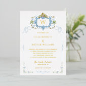Invitation En Aluminium Rococo Blue Monogram Crest Wedding (Debout devant)