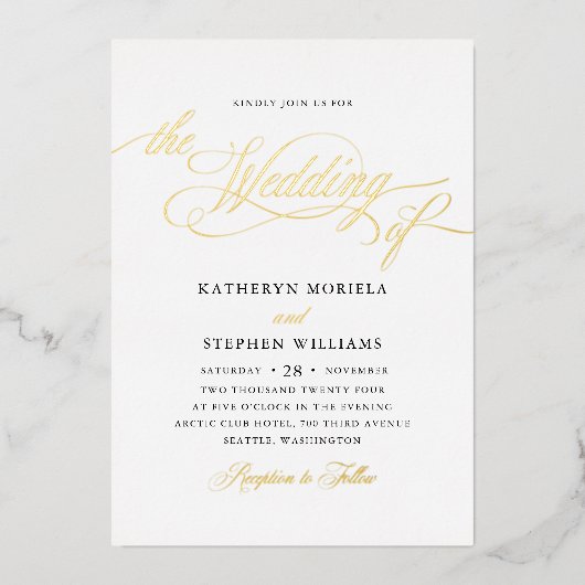 Invitation En Aluminium Roman Classic Script Calligraphie Mariage Or (Recto)