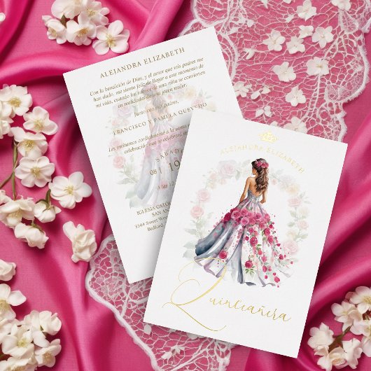 Invitation En Aluminium Romantic Crown Spanish Quinceañera Doll in Pink