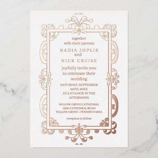 Invitation En Aluminium romantique Art nouveau mariage or rose  (Recto)