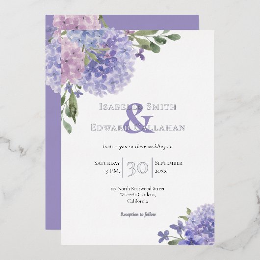 Invitation En Aluminium Romantique Dusty Blue & Lilac Watercolor Hydrangea (Recto/Verso)