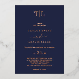 Invitation En Aluminium Romantique Gold Foil Marine Blue Monogram Mariage