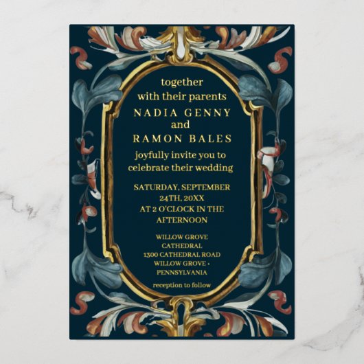 Invitation En Aluminium Romantique mariage Art nouveau or (Recto)