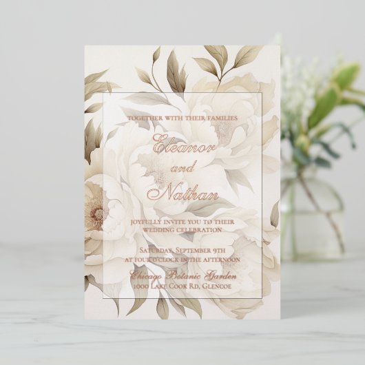 Invitation En Aluminium Romantique Peonies Beige Floral Mariage de automne (Debout devant)