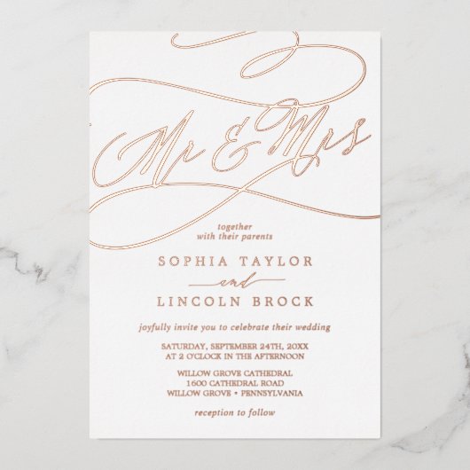 Invitation En Aluminium Romantique Rose Gold Foil Mr & Mrs Mariage (Recto)