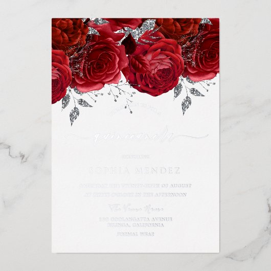 Invitation En Aluminium Romantique Rose Quinceanera SIlver (Recto)