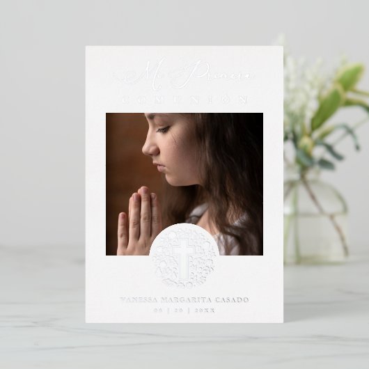 Invitation En Aluminium Romantique Silver Floral Wreath Photo (Debout devant)