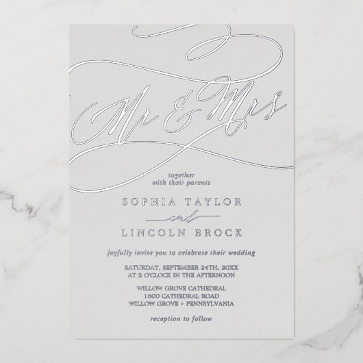 Invitation En Aluminium Romantique Silver Foil Grey Mr & Mrs Mariage (Recto)