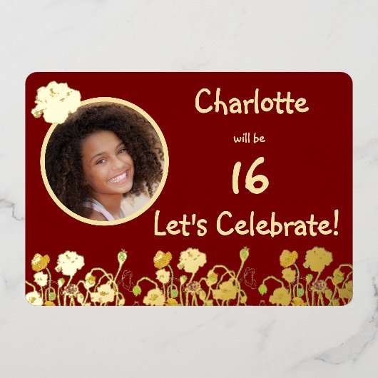 Invitation En Aluminium Roquette sauvage rouge et or profond 16e anniversa (Recto)