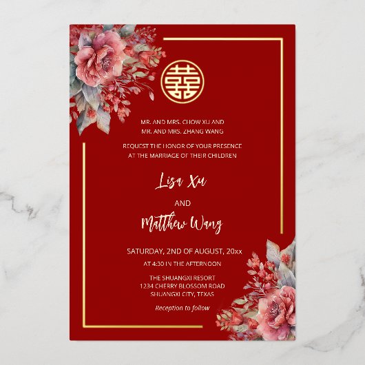 Invitation En Aluminium Rose aquarelle rouge or Mariage chinois (Recto)